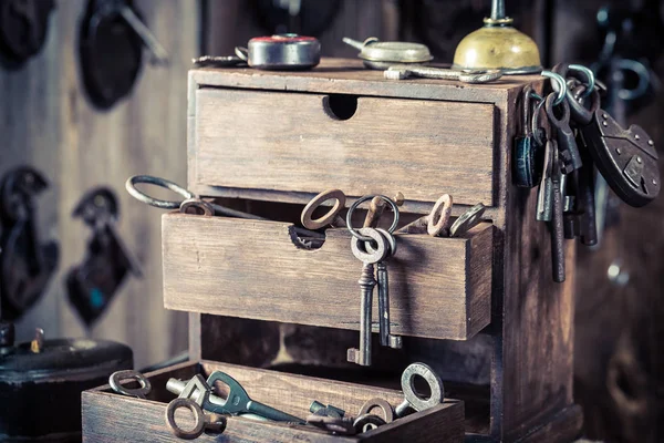 Ancient tools and spare parts in old locksmiths workshop — Stock Photo, Image