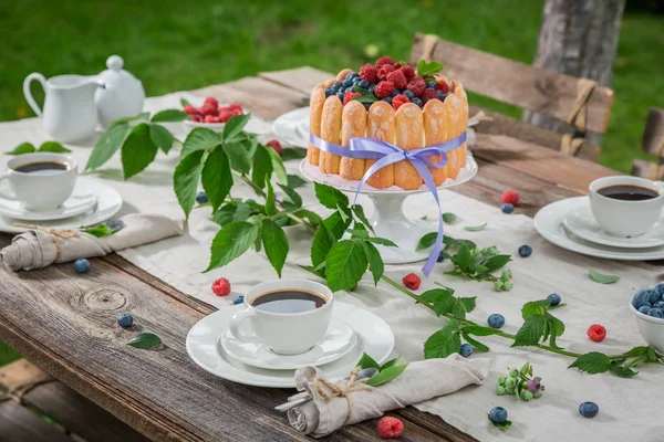 Tasty yoghurt cake with fresh berries and biscuits in summer — Stock Photo, Image