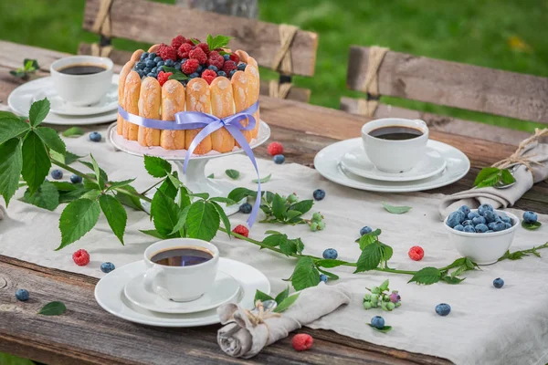 비스킷와 여름에 신선한 딸기 요구르트 케이크 — 스톡 사진