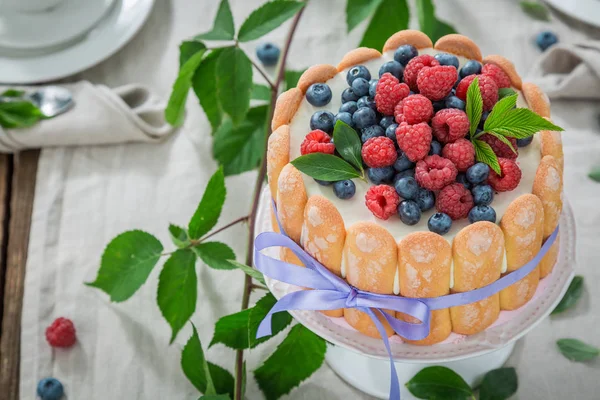 Cloeup of tasty summer dessert with berries and biscuits — Stock Photo, Image