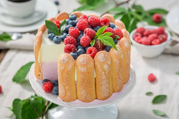 Closeup of yoghurt cake with biscuits and berries in summer — Stock Photo, Image