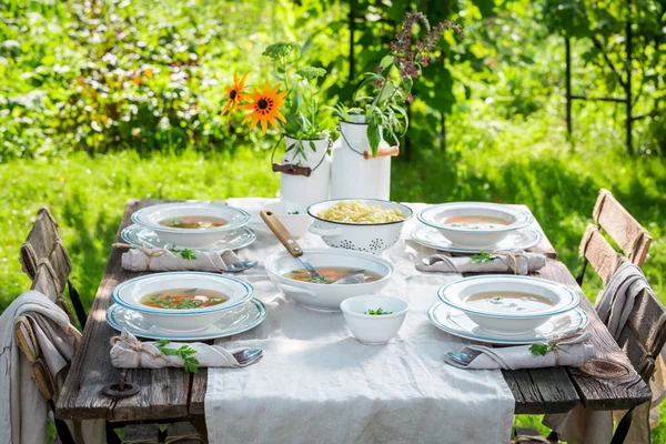 Homemade broth served on a sunny day in garden — Stock Photo, Image