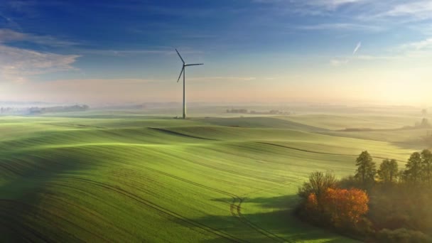 Atemberaubende neblige Windkraftanlage auf der grünen Wiese bei Sonnenaufgang — Stockvideo