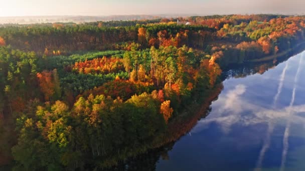 Farbenfroher Wald und blauer See mit Chemtrail-Reflexion im Herbst — Stockvideo