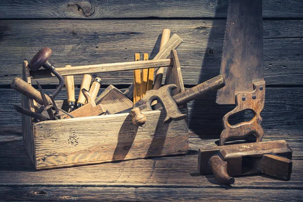 Closeup of joinery tool box in rustic wooden shed — Stock Photo, Image