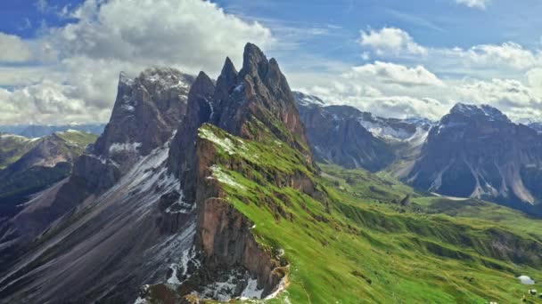 Seceda in Dolomites with blue sky and green hills Royalty Free Stock Video