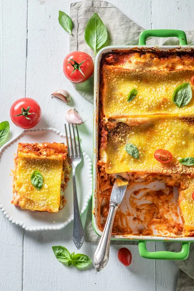 Spicy lasagna made with bechamel sauce and bolognese — ストック写真