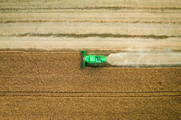 Vista de arriba hacia abajo de la cosechadora trabajando en el campo, vista aérea —  Fotos de Stock