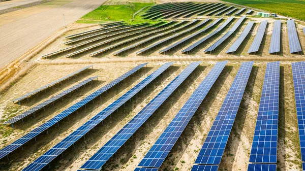 Volando sobre paneles solares grandes y azules en el campo seco —  Fotos de Stock