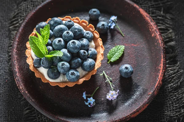 Fresh mini tart with fresh blueberries and mint — ストック写真