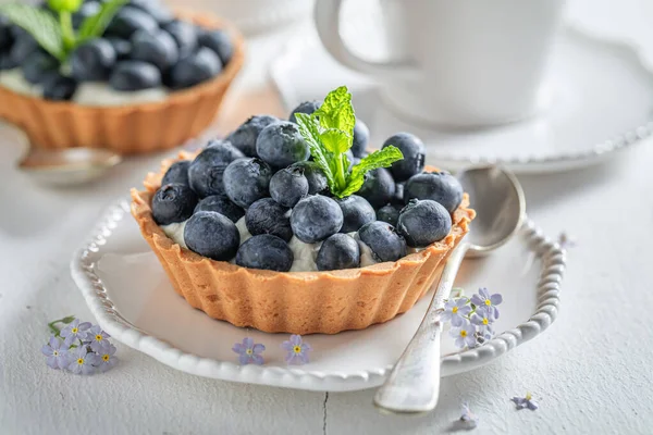 Tasty mini tart with fresh blueberries and mint — ストック写真