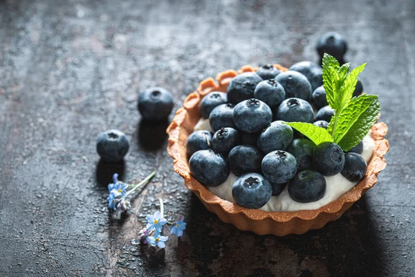 Hjemmelaget mini-terte med blåbær og pisket fløte – stockfoto