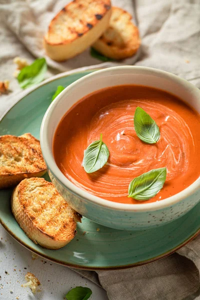 Sopa de tomate deliciosa e cremosa feita de tomate fresco — Fotografia de Stock