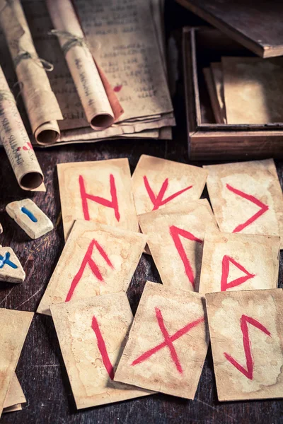 Vintage runic divination by cards based on futhark alphabet — 스톡 사진