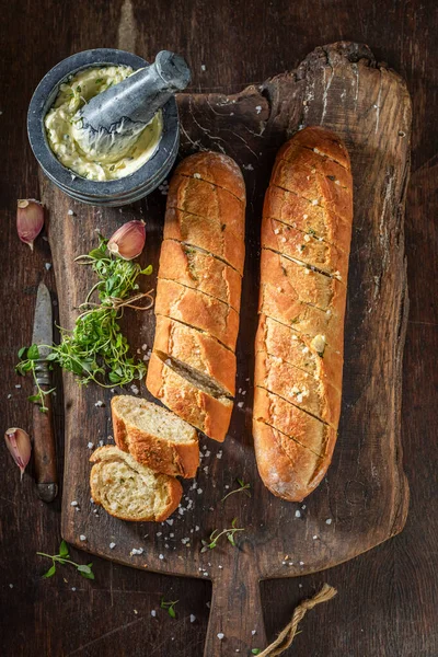 Hot and delicious garlic bread baked at home — 스톡 사진