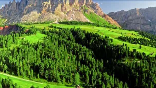 Aerial view of Passo delle Erbe and green hills, Dolomites — Stock Video