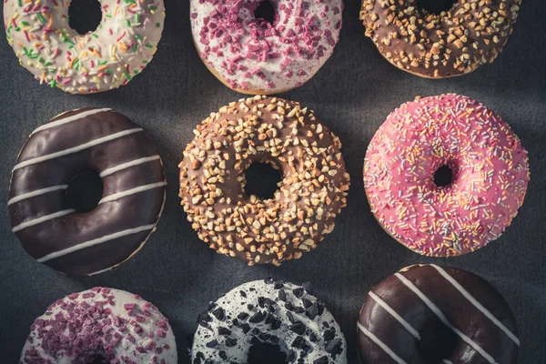 Top down view of sweet donuts with sweet glaze — 스톡 사진