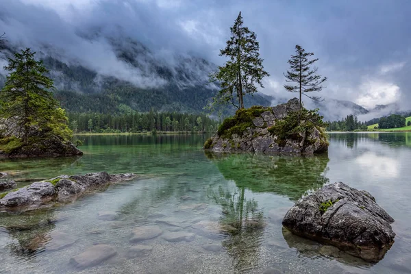 Calm mountain lake Hintersee in Berchtesgaden national park