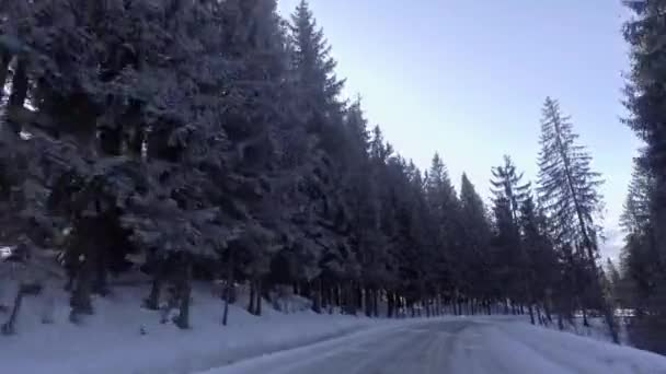 Jízda autem na zasněžené silnici v Tatrách — Stock video