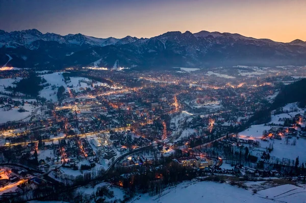 Bella Città Illuminata Zakopane Dopo Tramonto Inverno Vista Aerea — Foto Stock