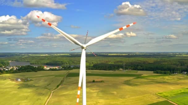 Dos aerogeneradores en campo verde y cielo azul — Vídeo de stock