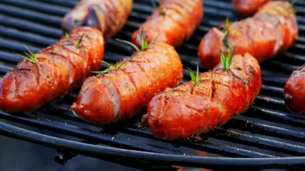 Крупный план острой колбасы на горячем гриле с огнем — стоковое видео