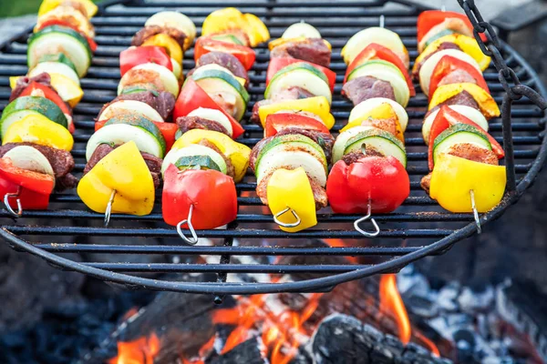 熱々のグリルで肉や野菜とおいしい串焼き — ストック写真