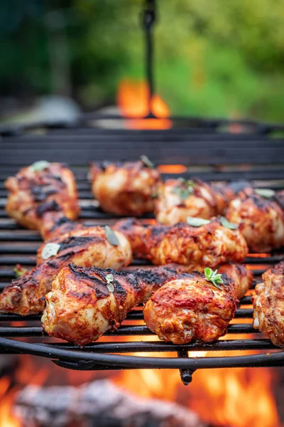 Würzig Gegrillte Hähnchenkeule Mit Gewürzen Auf Heißem Grill — Stockfoto