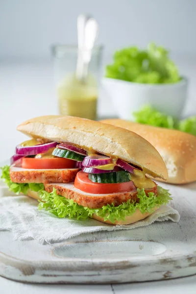 Savory Sandwich Made Pork Neck Plums Vegetables — Stock Photo, Image