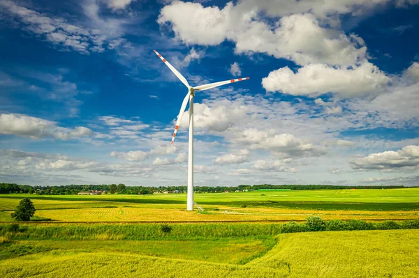 Turbina Eólica Campo Estupro Amarelo Verão Vista Aérea — Fotografia de Stock