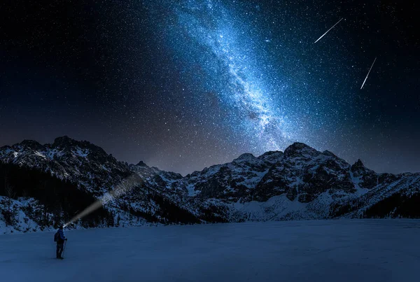 Impresionante Lago Montaña Morskie Oko Invierno Vía Láctea —  Fotos de Stock