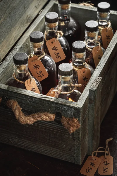 Aged Brendy Wooden Box Bottles Distillery — Stock Photo, Image