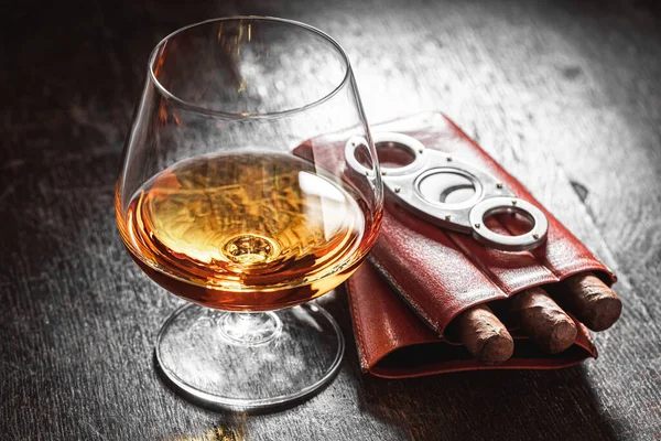 Aged Cognac Cigar Old Wooden Table — Stock Photo, Image