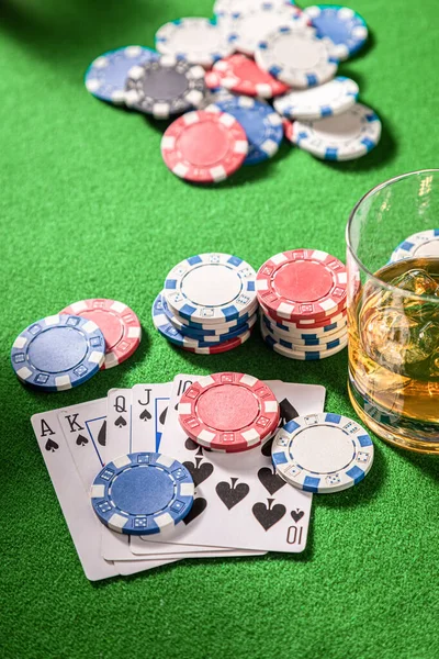 Cards Chips Green Table Poker — Stock Photo, Image