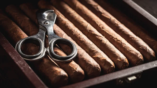 Кубинские Сигары Ножницами Деревянном Хьюмидоре — стоковое фото