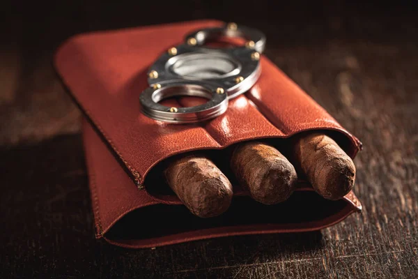 Tres Cigarros Contenedor Cuero Con Cortador —  Fotos de Stock