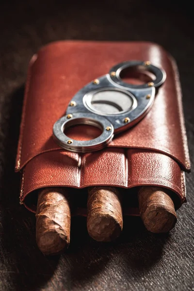 Three Cigars Leather Container Wooden Table — Stock Photo, Image