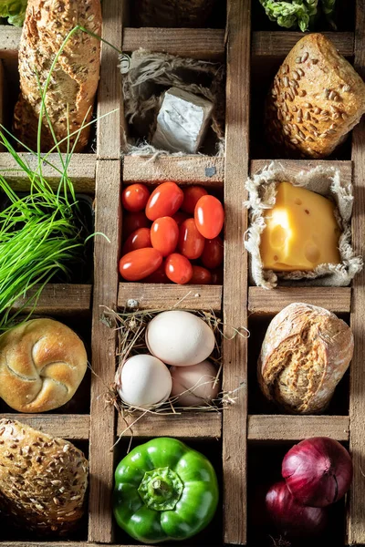Fresh Tasty Ingredients Sandwich Wooden Box — Stock Photo, Image