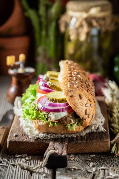 Sandwich Roasted Pork Neck Gherkins Red Onion — Stock Photo, Image