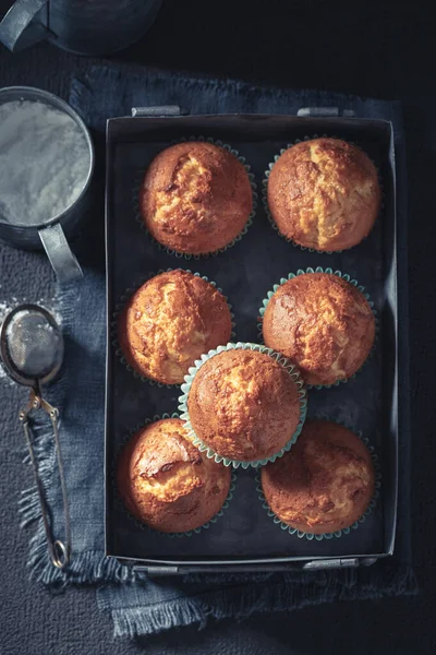 Små Och Färska Vaniljmuffins Gammal Metall Låda — Stockfoto