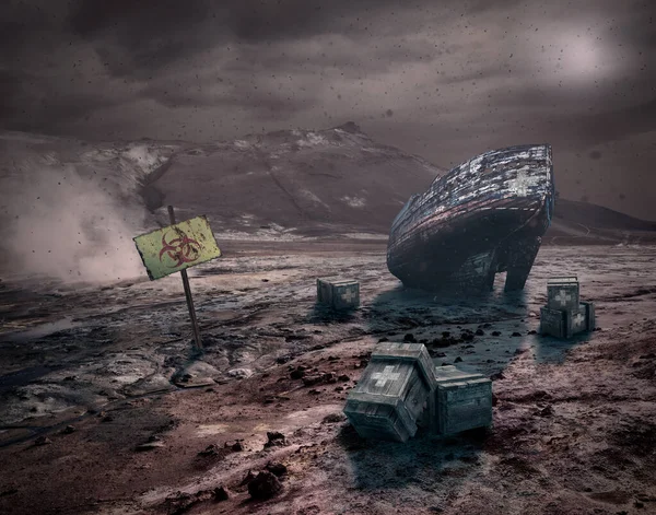 干涸湖上的船 2050年的世界展望 — 图库照片
