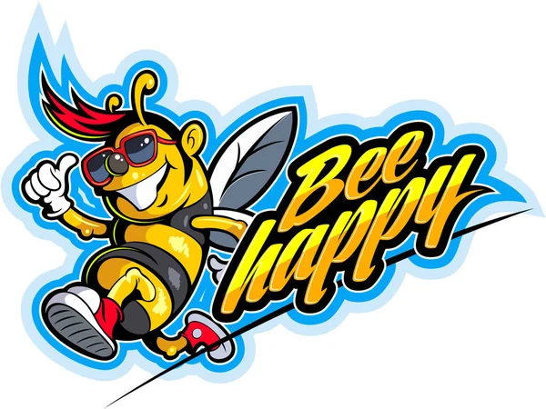 สไตล์การ์ตูนยิ้มผึ้งมีความสุขในแว่นตากันแดด ภาพเวกเตอร์ — ภาพถ่ายสต็อก