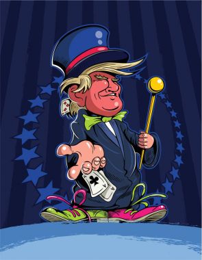 Karikatür tarzı Donald Trump ile silindir şapka, varicoloured ayakkabı, sihirli değnek, iskambil ve yıldızlar ve çizgiler arka plan üzerinde bir sihirbaz olarak.
