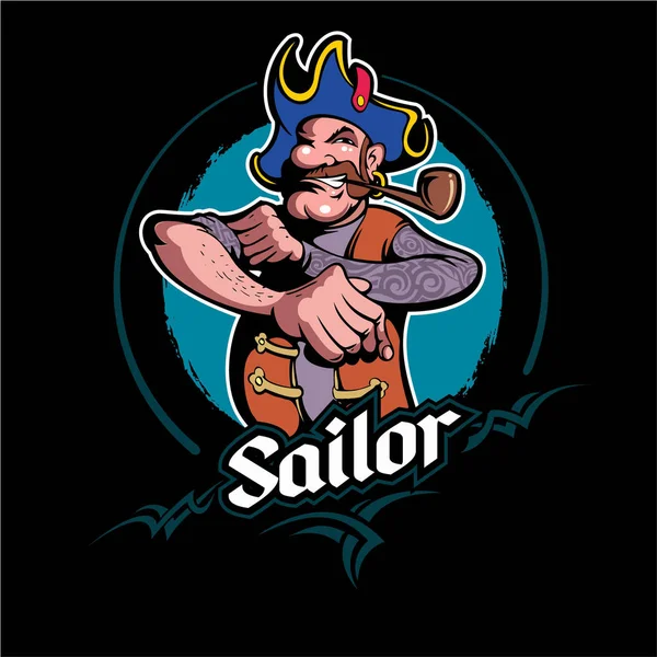 Cartoon Style Sailor Tattoos Smoking Pipe Sea Cocked Hat Vector — Stock Vector