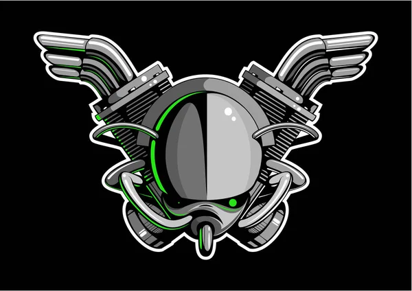 Голова Робота Зелеными Глазами Мотоциклетными Двигателями Черном Фоне Логотип Векторного — стоковый вектор