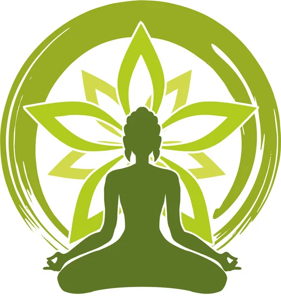 Woman Meditating Lotus Pose Stylized Flower Zen Circle Background Vector — Stock Vector