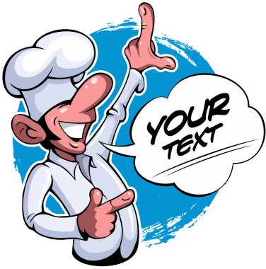 Stil gülümseyen cook komik metin kutusu ile karikatür, logo vektör, vektör çizgi film karakteri.