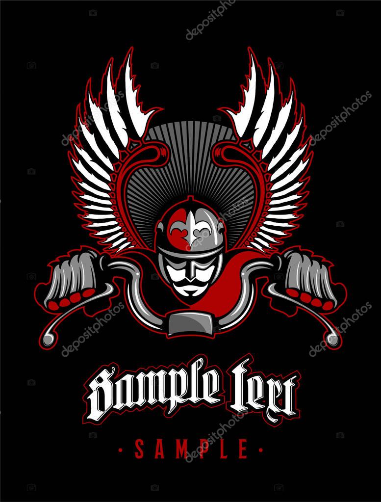 Winged warrior, riding on motorbike, motorcycle racer, motorcycle, biker vector logo.