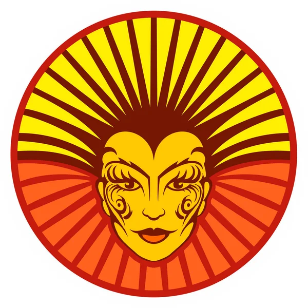 部族の装飾品と背景に太陽光線の赤黄色女性の顔 — ストックベクタ