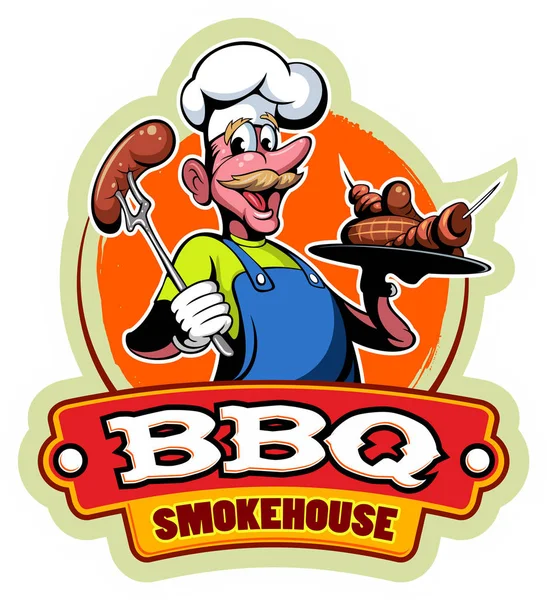 Maestro Chef Stile Cartone Animato Cappello Barbecue Logo Vettoriale Affumicato — Vettoriale Stock